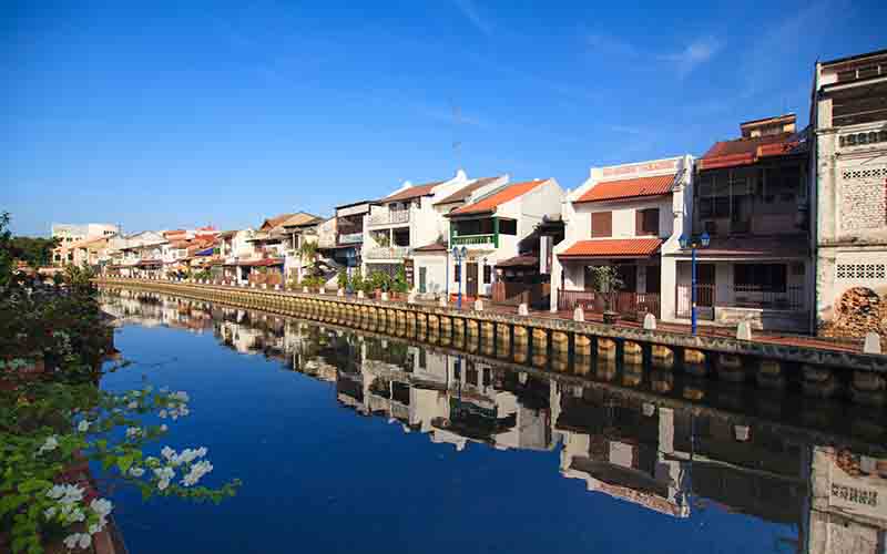 Malacca city night with house near river under blue sky in Malaysia